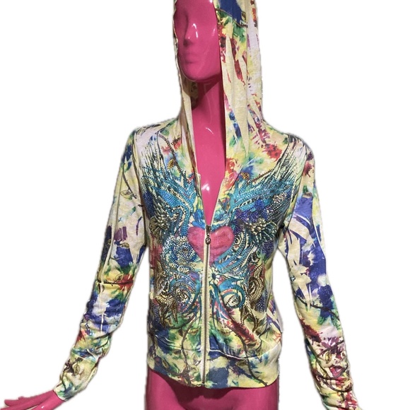 Source Unknown Tops - Vintage Zip-Up Multi-Color Rhinestone Hoodie Sweatshirt